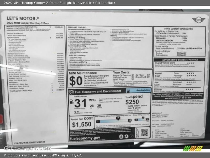  2020 Hardtop Cooper 2 Door Window Sticker