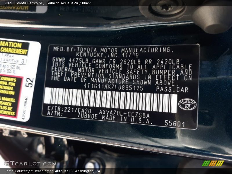 2020 Camry SE Galactic Aqua Mica Color Code 221