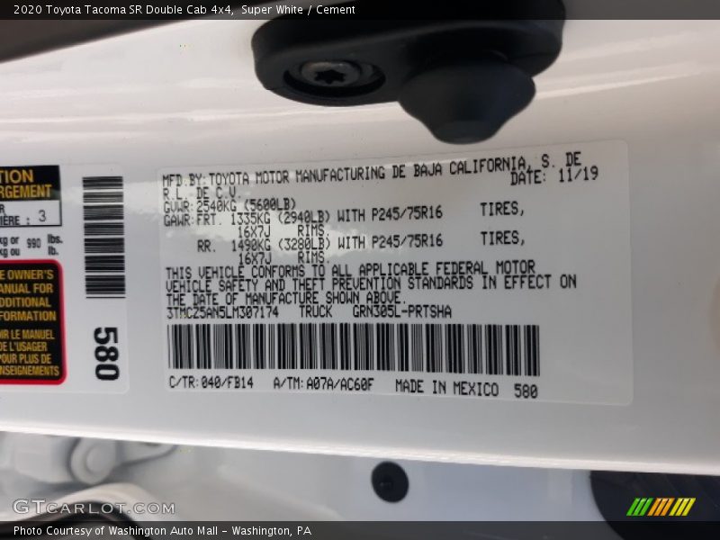 2020 Tacoma SR Double Cab 4x4 Super White Color Code 040