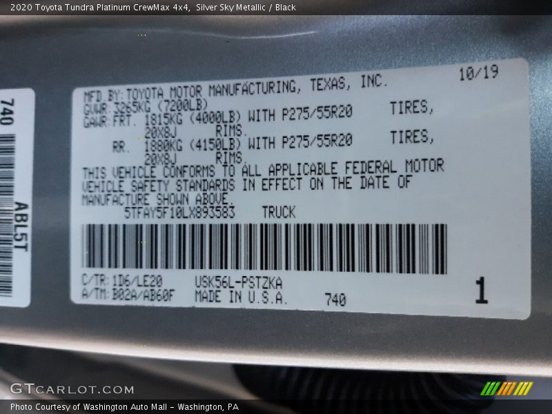 2020 Tundra Platinum CrewMax 4x4 Silver Sky Metallic Color Code 1D6