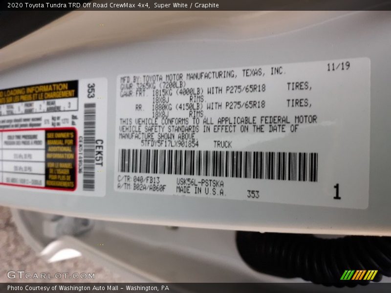 Super White / Graphite 2020 Toyota Tundra TRD Off Road CrewMax 4x4