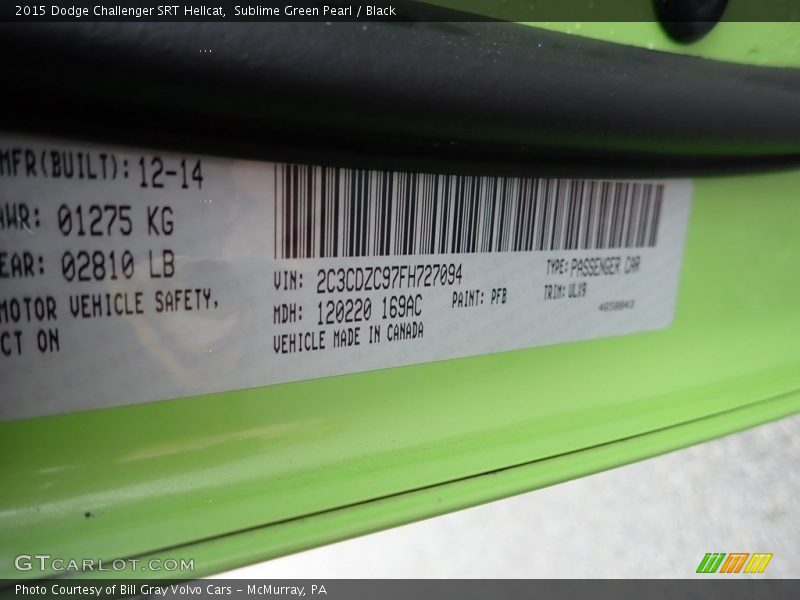Sublime Green Pearl / Black 2015 Dodge Challenger SRT Hellcat
