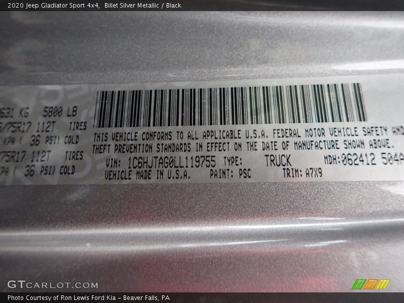 2020 Gladiator Sport 4x4 Billet Silver Metallic Color Code PSC