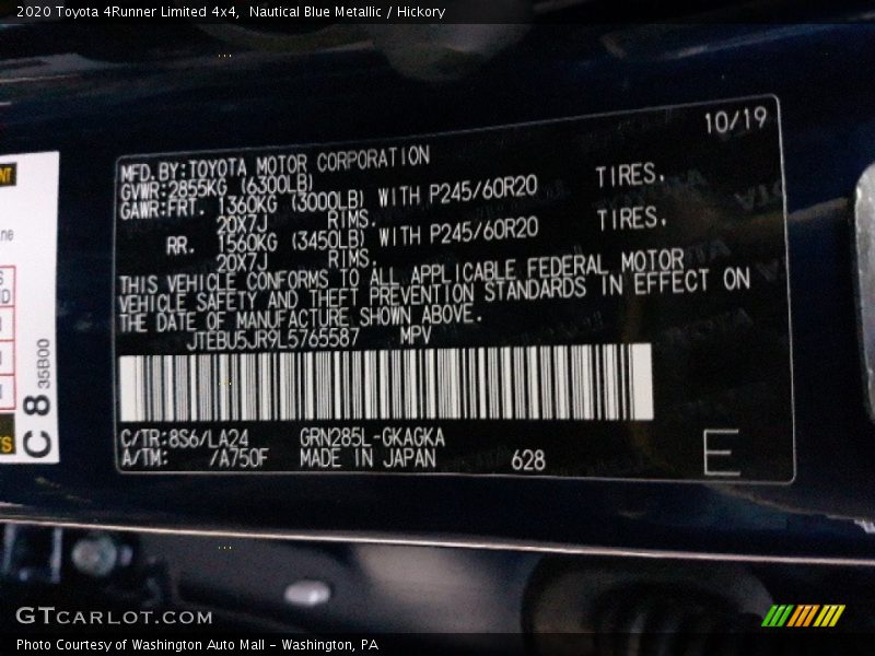 2020 4Runner Limited 4x4 Nautical Blue Metallic Color Code 8S6