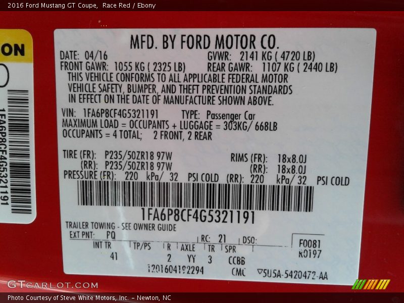 2016 Mustang GT Coupe Race Red Color Code PQ