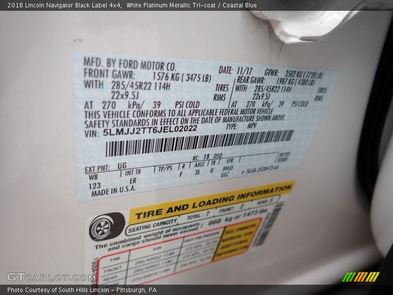 2018 Navigator Black Label 4x4 White Platinum Metallic Tri-coat Color Code UG