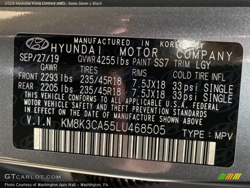 Sonic Silver / Black 2020 Hyundai Kona Limited AWD