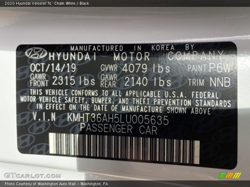2020 Veloster N Chalk White Color Code P6W