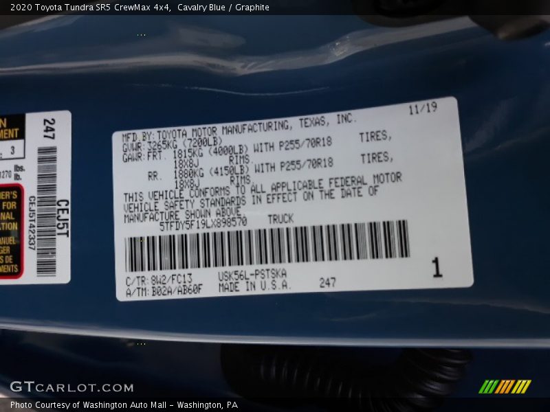 2020 Tundra SR5 CrewMax 4x4 Cavalry Blue Color Code 8W2