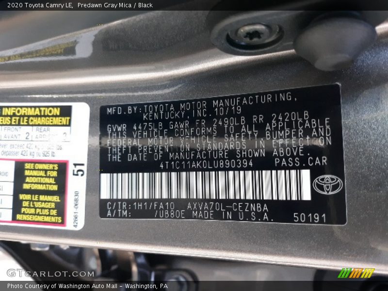 Predawn Gray Mica / Black 2020 Toyota Camry LE