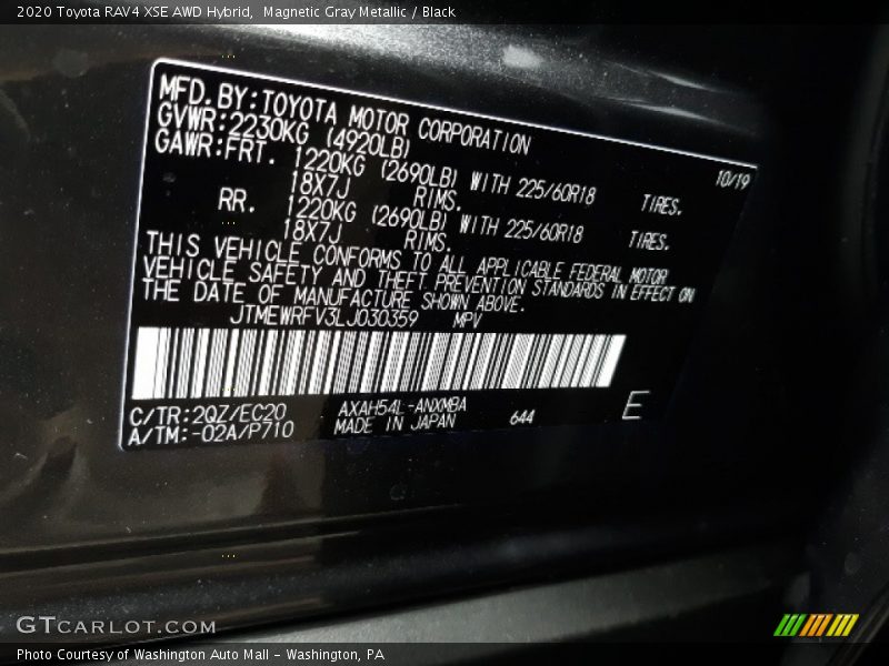 2020 RAV4 XSE AWD Hybrid Magnetic Gray Metallic Color Code 2QZ