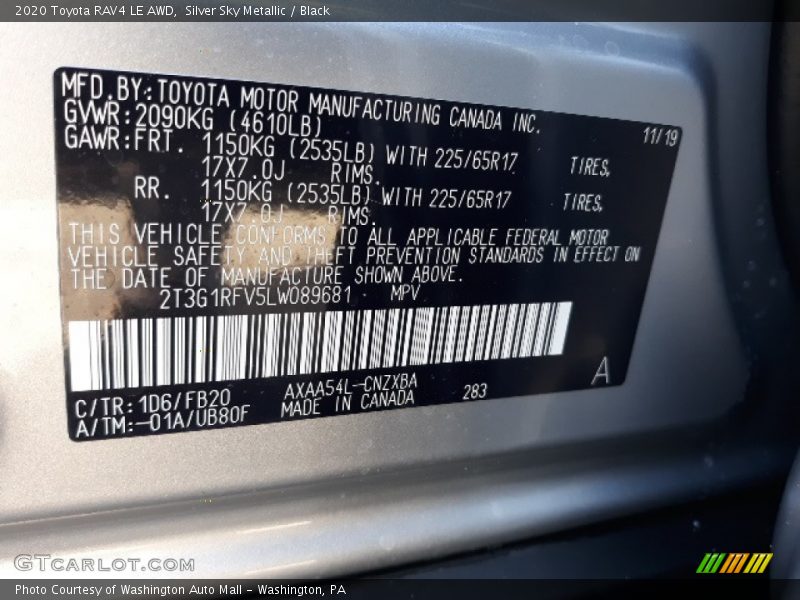 2020 RAV4 LE AWD Silver Sky Metallic Color Code 1D6
