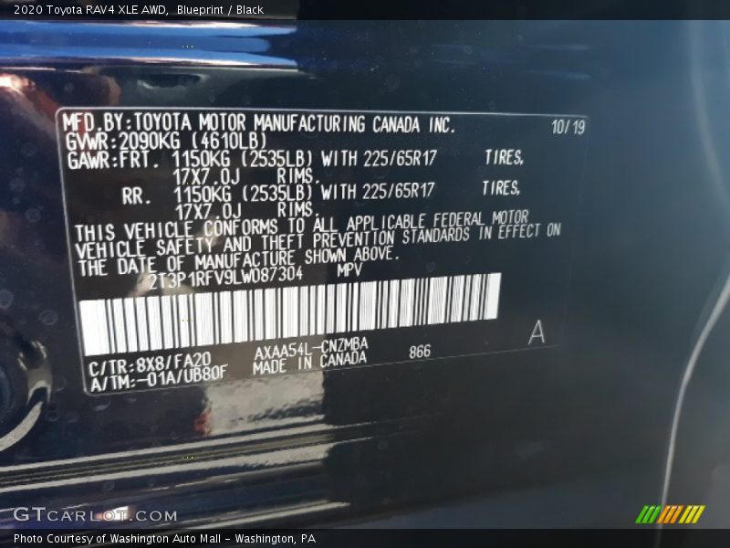 2020 RAV4 XLE AWD Blueprint Color Code 8X8