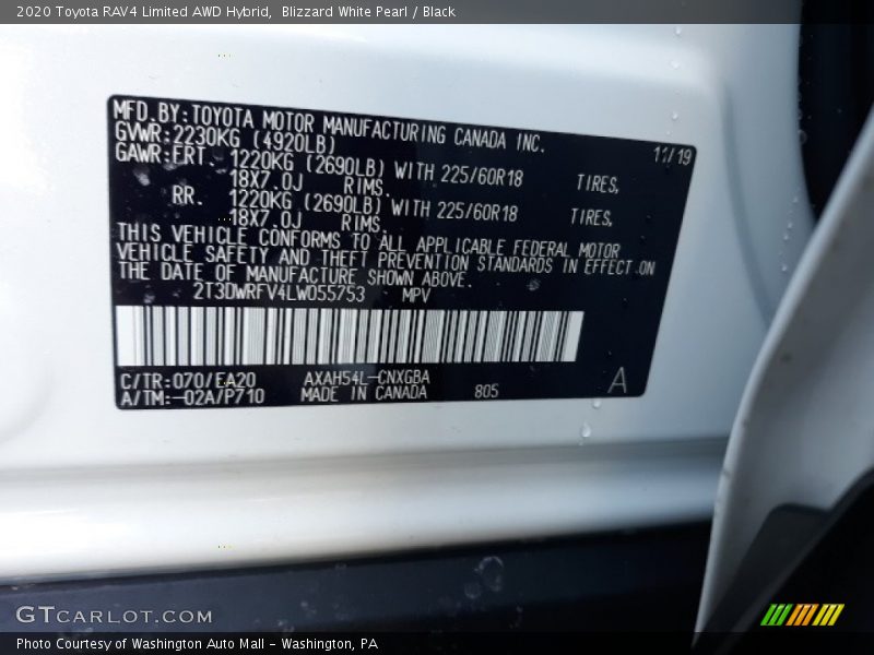 2020 RAV4 Limited AWD Hybrid Blizzard White Pearl Color Code 070