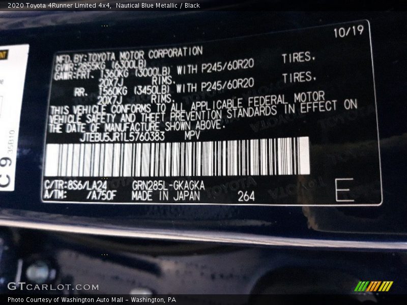 2020 4Runner Limited 4x4 Nautical Blue Metallic Color Code 8S6