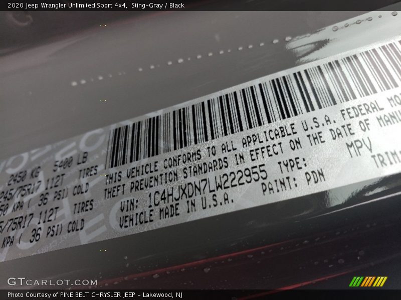 Sting-Gray / Black 2020 Jeep Wrangler Unlimited Sport 4x4