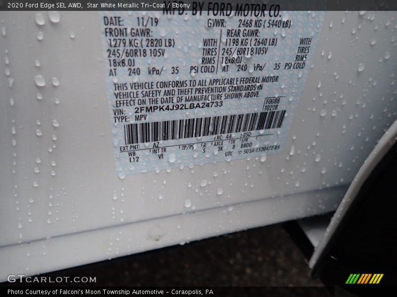 2020 Edge SEL AWD Star White Metallic Tri-Coat Color Code AZ