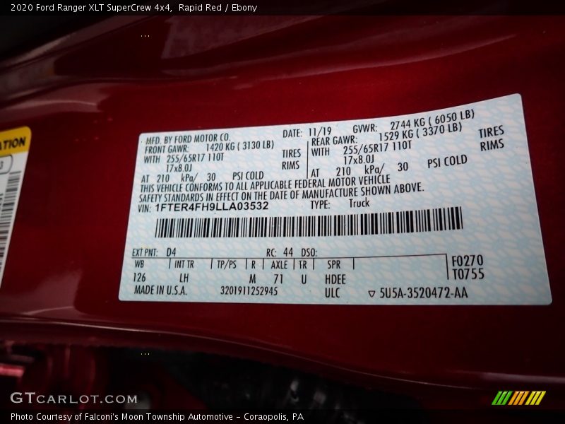 2020 Ranger XLT SuperCrew 4x4 Rapid Red Color Code D4