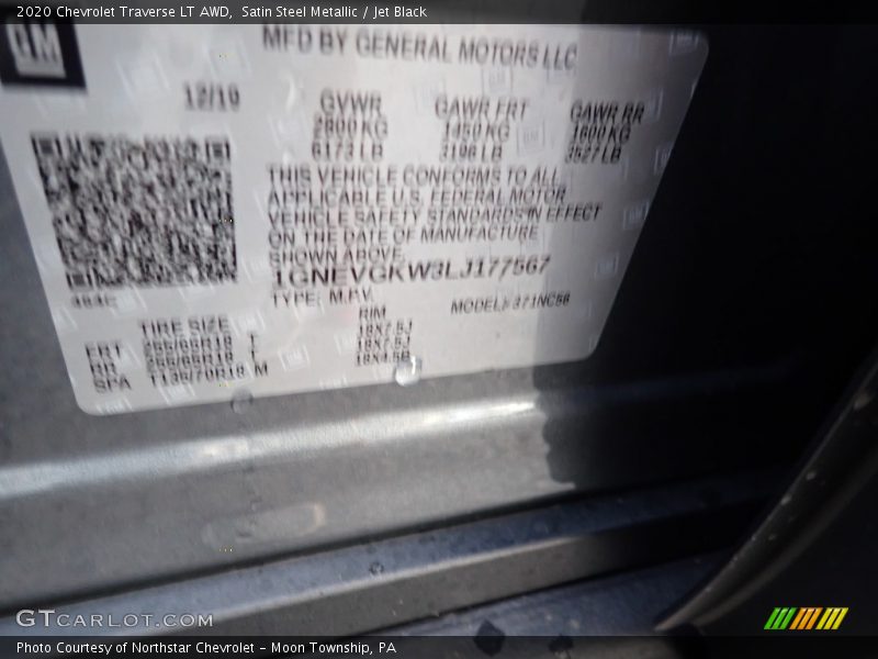 Satin Steel Metallic / Jet Black 2020 Chevrolet Traverse LT AWD