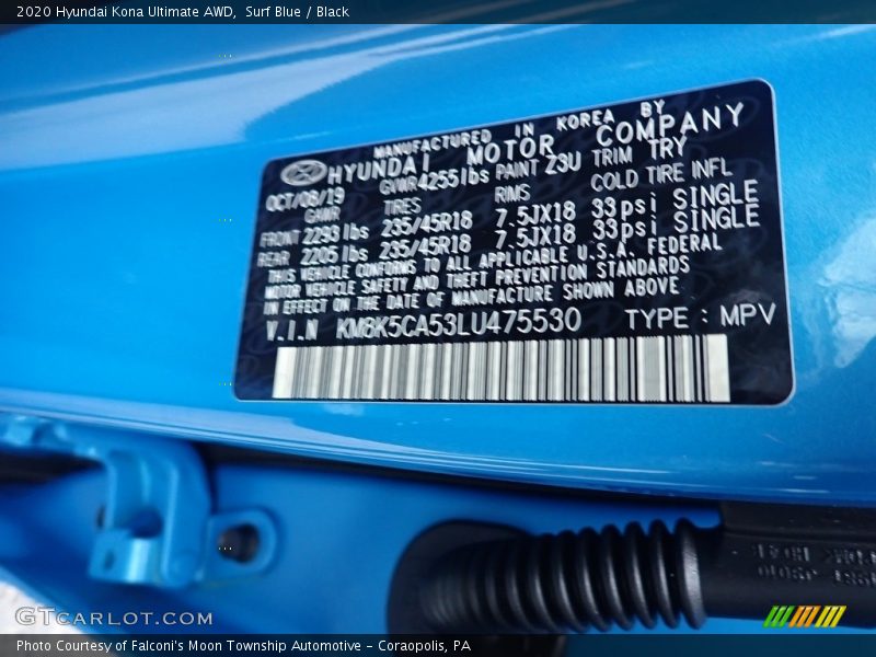 2020 Kona Ultimate AWD Surf Blue Color Code Z3U