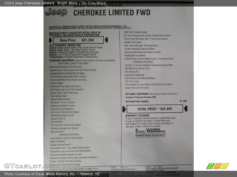 Bright White / Ski Gray/Black 2020 Jeep Cherokee Limited