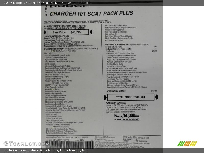 B5 Blue Pearl / Black 2019 Dodge Charger R/T Scat Pack