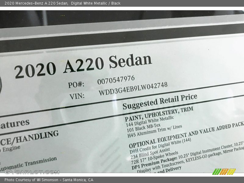  2020 A 220 Sedan Window Sticker