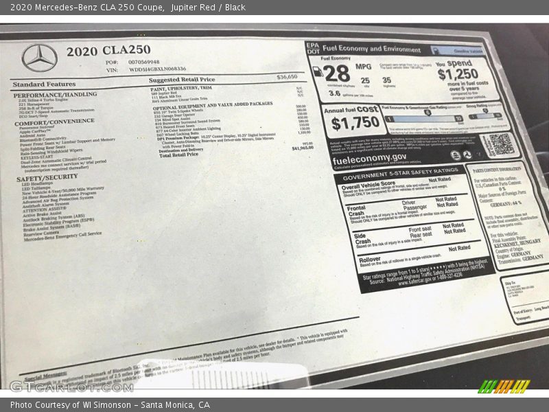  2020 CLA 250 Coupe Window Sticker