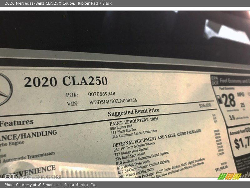  2020 CLA 250 Coupe Window Sticker