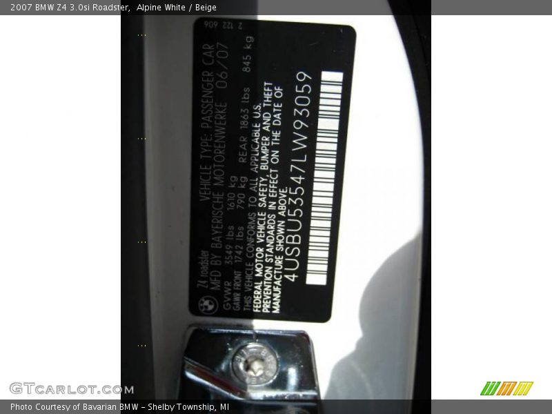 Alpine White / Beige 2007 BMW Z4 3.0si Roadster