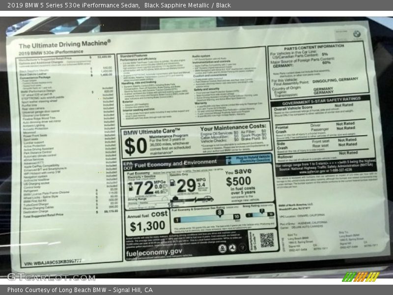  2019 5 Series 530e iPerformance Sedan Window Sticker