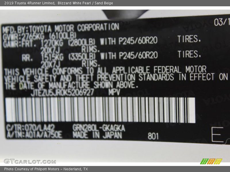 Blizzard White Pearl / Sand Beige 2019 Toyota 4Runner Limited