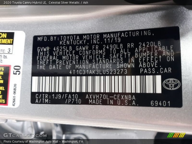 Celestial Silver Metallic / Ash 2020 Toyota Camry Hybrid LE