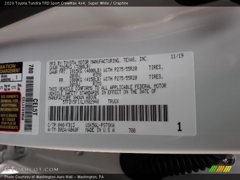 Super White / Graphite 2020 Toyota Tundra TRD Sport CrewMax 4x4