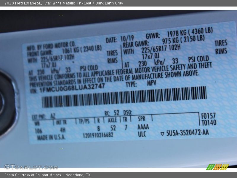 Star White Metallic Tri-Coat / Dark Earth Gray 2020 Ford Escape SE