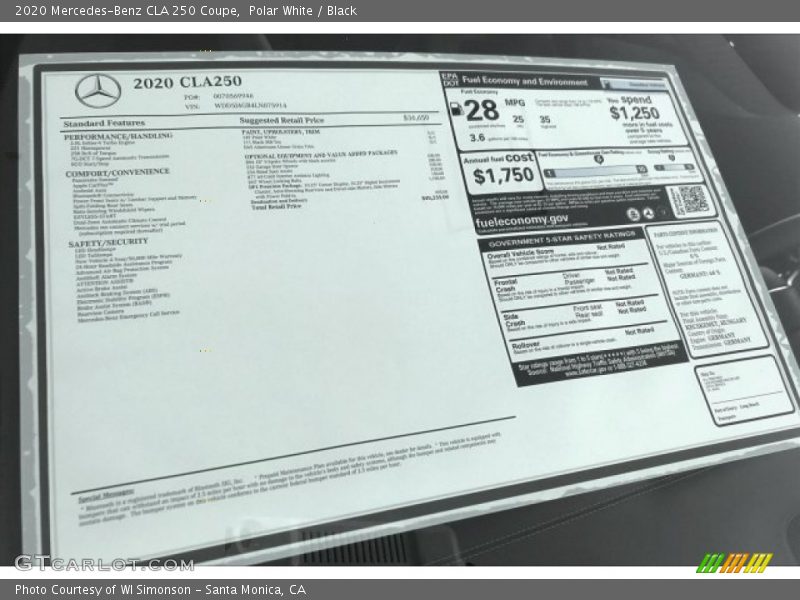  2020 CLA 250 Coupe Window Sticker