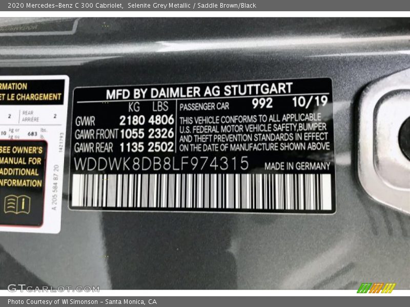 2020 C 300 Cabriolet Selenite Grey Metallic Color Code 992