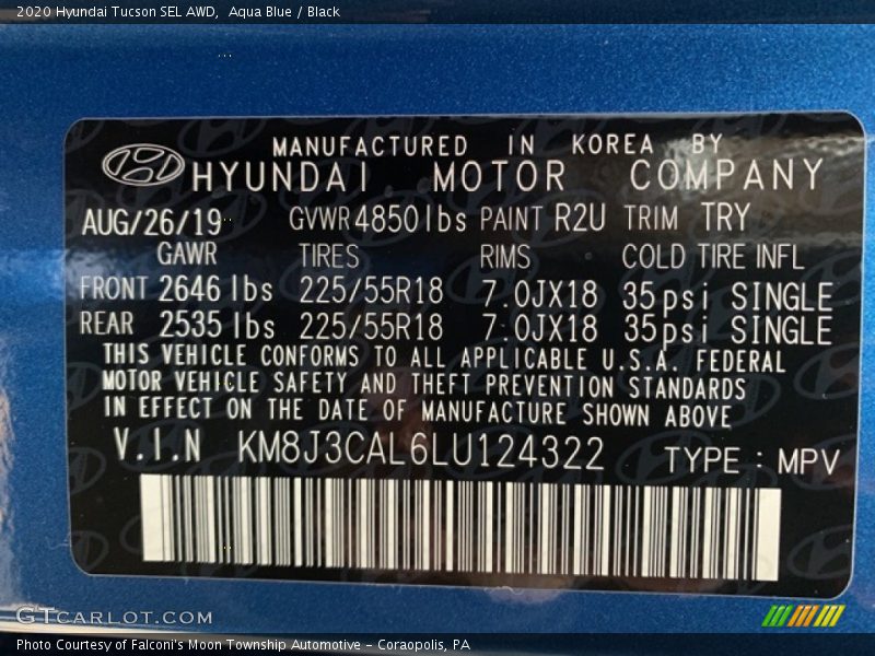 2020 Tucson SEL AWD Aqua Blue Color Code R2U