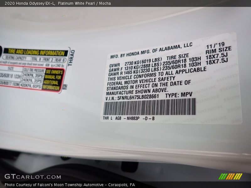 Platinum White Pearl / Mocha 2020 Honda Odyssey EX-L