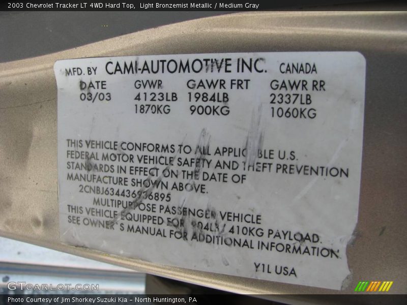 Light Bronzemist Metallic / Medium Gray 2003 Chevrolet Tracker LT 4WD Hard Top