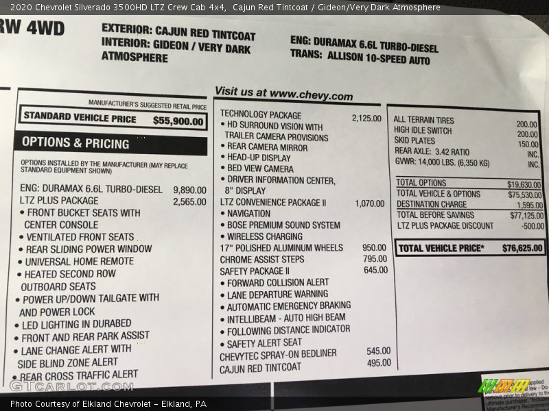  2020 Silverado 3500HD LTZ Crew Cab 4x4 Window Sticker