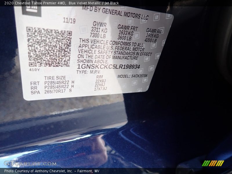 Blue Velvet Metallic / Jet Black 2020 Chevrolet Tahoe Premier 4WD