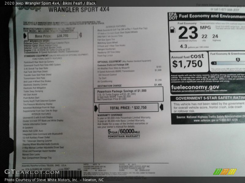 Bikini Pearl / Black 2020 Jeep Wrangler Sport 4x4