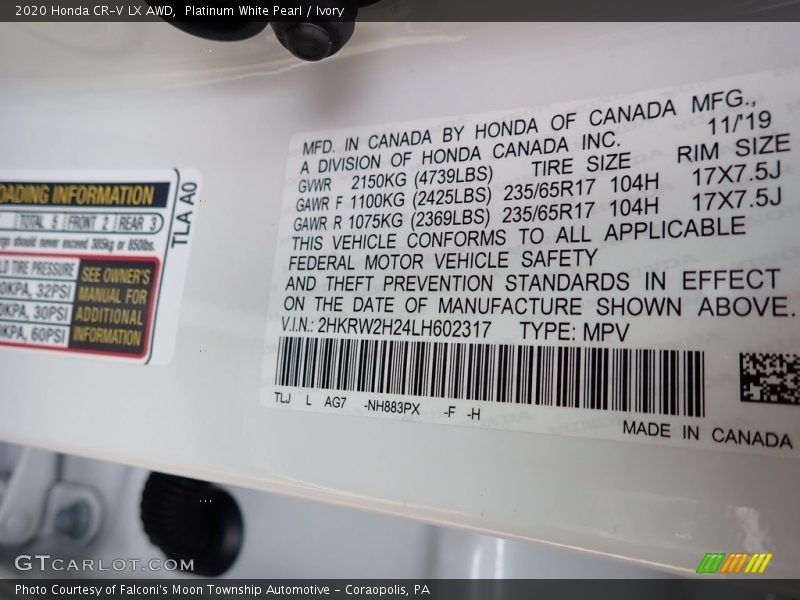 Platinum White Pearl / Ivory 2020 Honda CR-V LX AWD