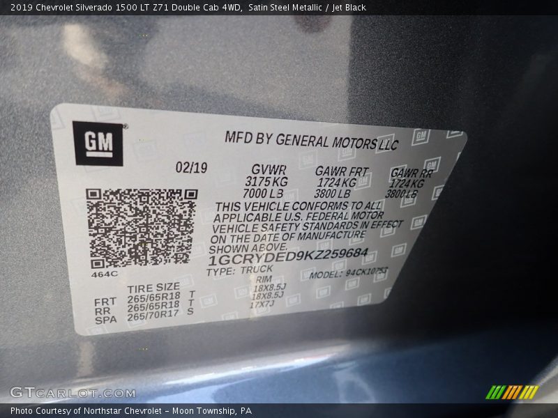 Satin Steel Metallic / Jet Black 2019 Chevrolet Silverado 1500 LT Z71 Double Cab 4WD