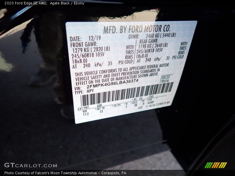 Agate Black / Ebony 2020 Ford Edge SE AWD