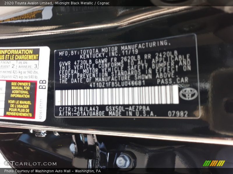 Midnight Black Metallic / Cognac 2020 Toyota Avalon Limited