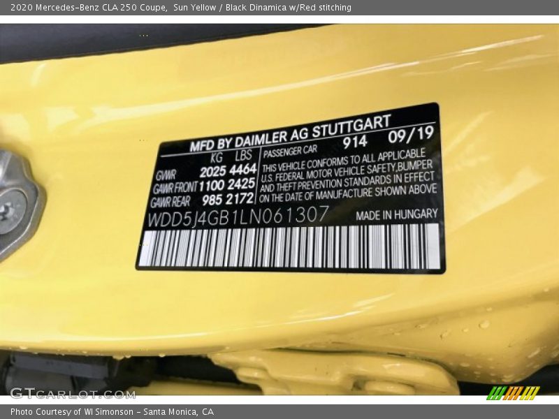 2020 CLA 250 Coupe Sun Yellow Color Code 914