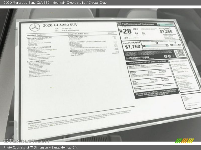  2020 GLA 250 Window Sticker