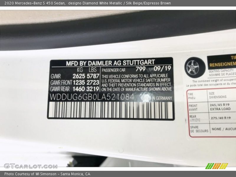 designo Diamond White Metallic / Silk Beige/Espresso Brown 2020 Mercedes-Benz S 450 Sedan